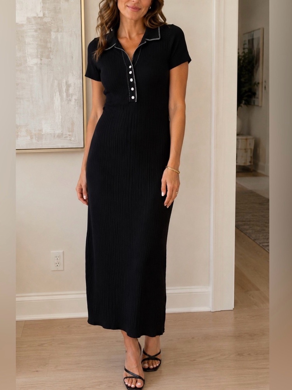 Caroline Constas Black Ribbed Knit Midi Dress with White Button Placket M